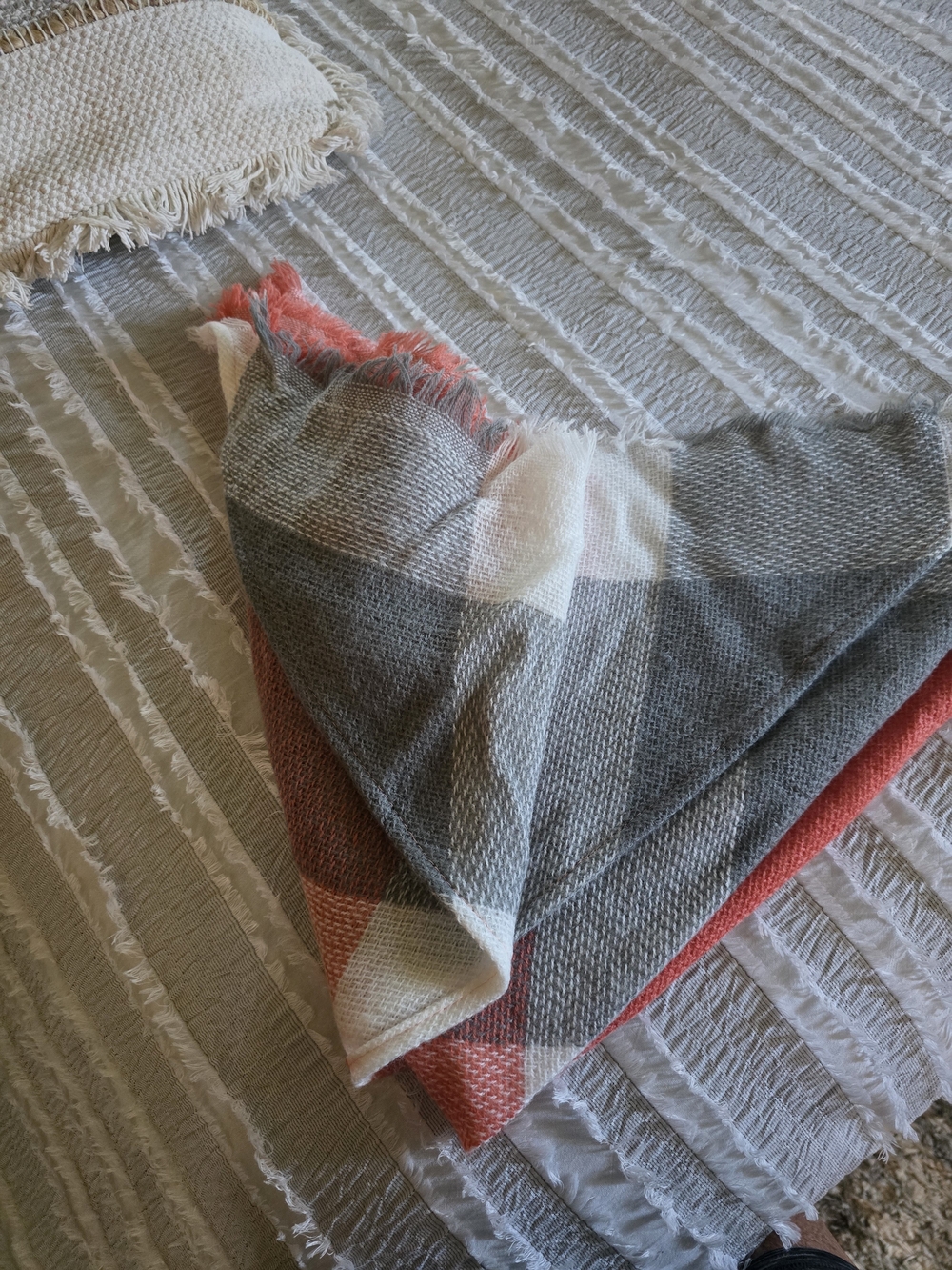 Cozy Gray and Coral Woven Fringe Scarf